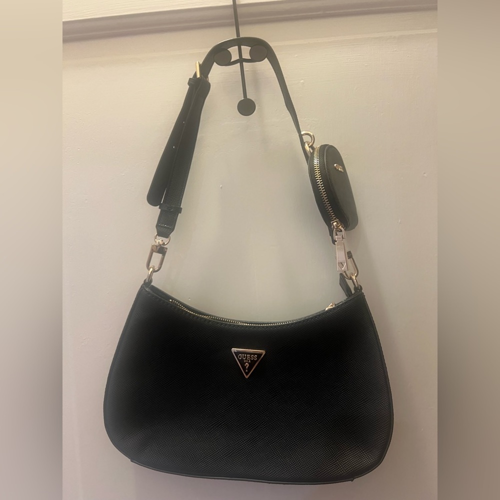 Guess Black Crescent Shoulder Bag with Gold Hardware